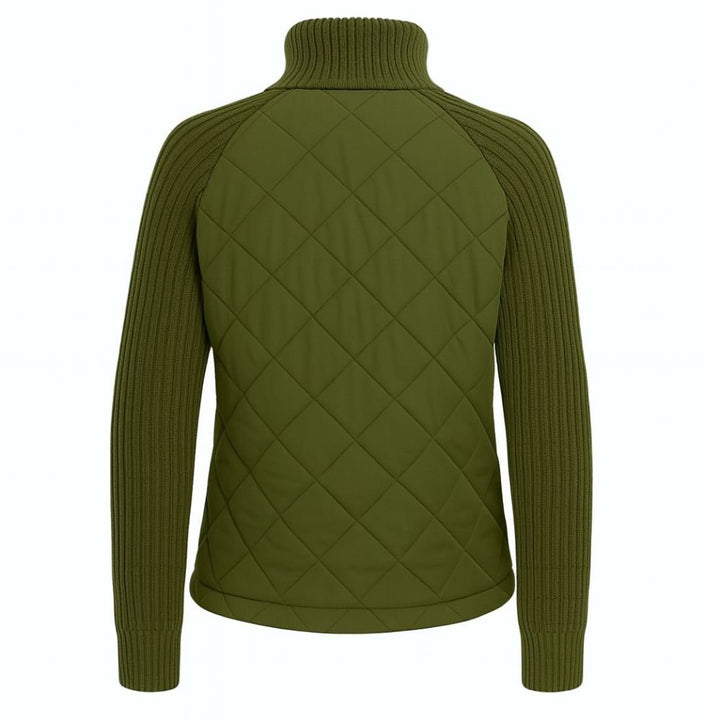Women's Quilted Jacket with Knit Sleeves and Stand-Up Collar