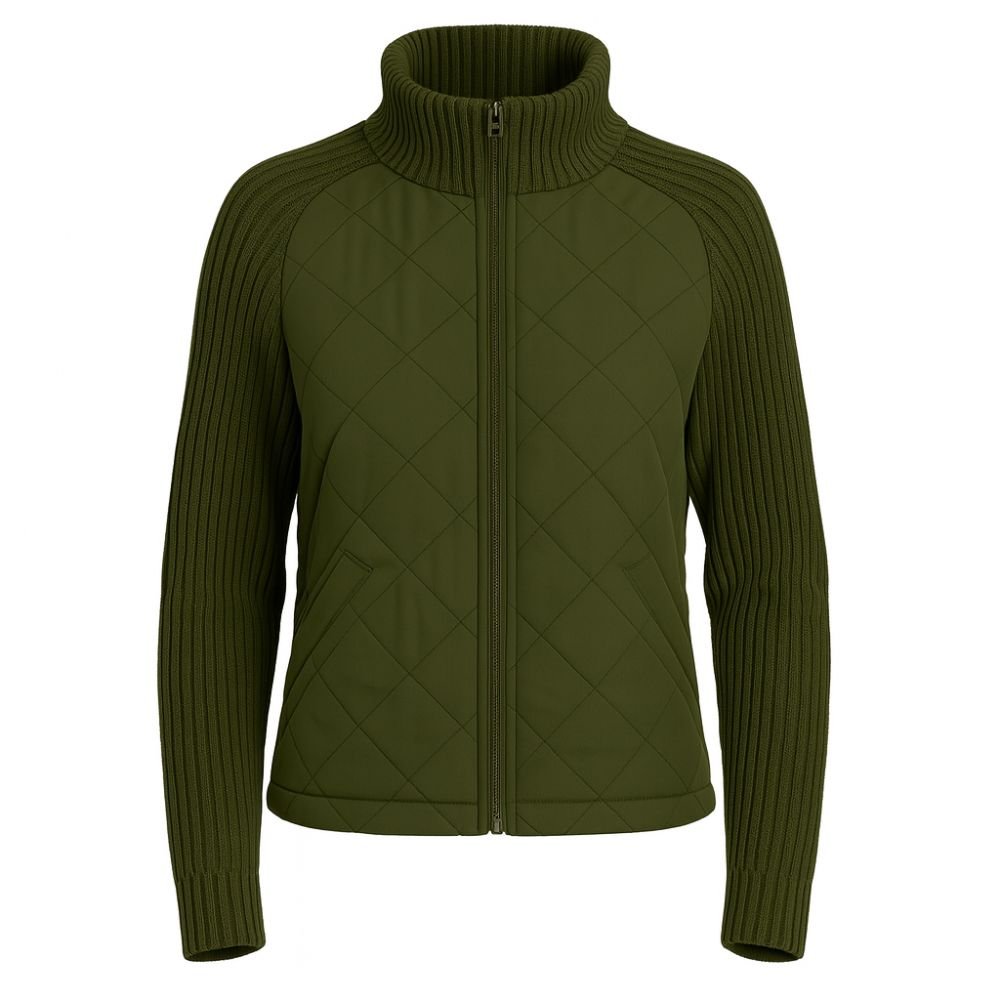 Women's Quilted Jacket with Knit Sleeves and Stand-Up Collar