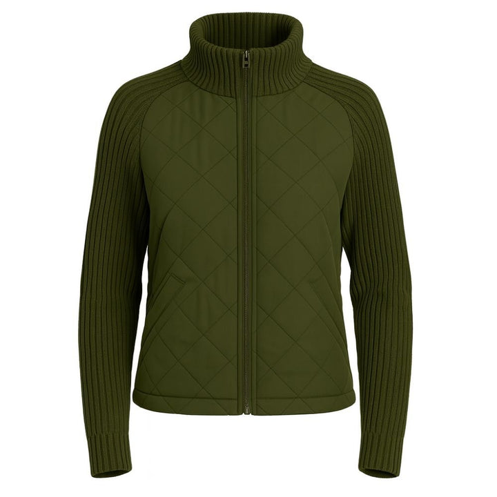 Women's Quilted Jacket with Knit Sleeves and Stand-Up Collar