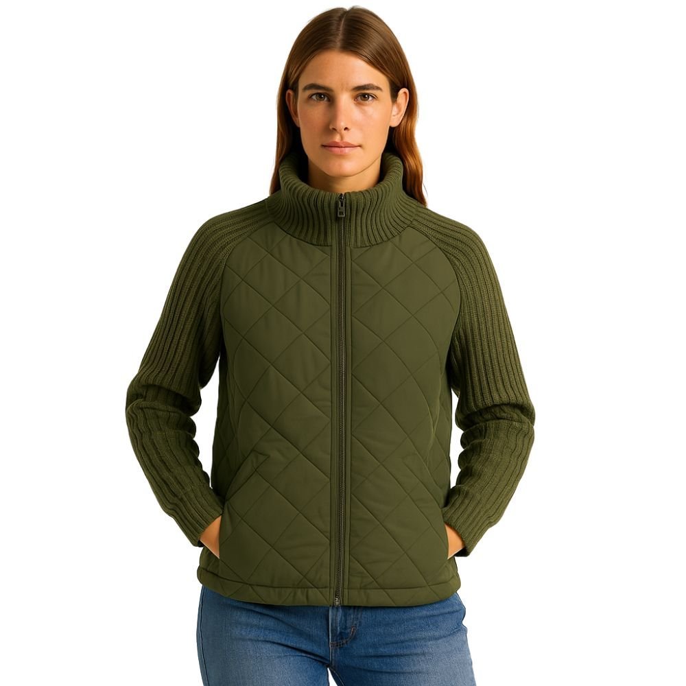 Women's Quilted Jacket with Knit Sleeves and Stand-Up Collar