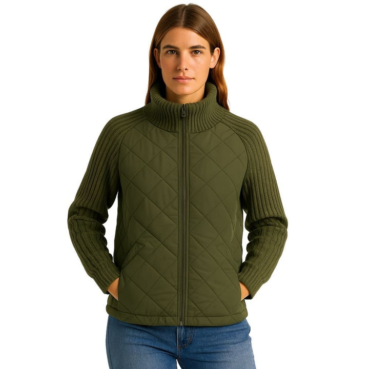 Women's Quilted Jacket with Knit Sleeves and Stand-Up Collar