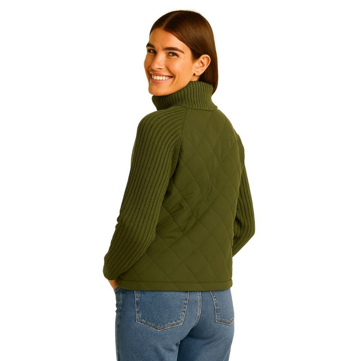 Women's Quilted Jacket with Knit Sleeves and Stand-Up Collar