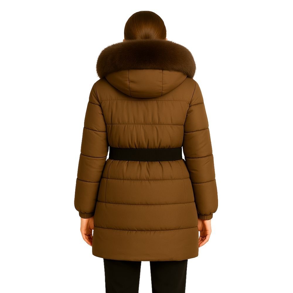 Doudoune Longue Femme Ceinturée à Capuche en Fourrure de Renard Véritable