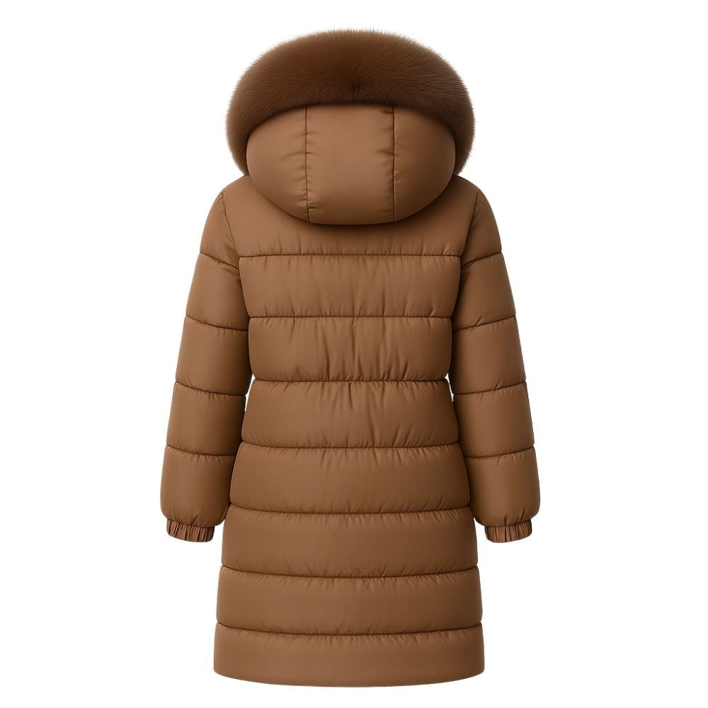Doudoune Longue Femme Ceinturée à Capuche en Fourrure de Renard Véritable