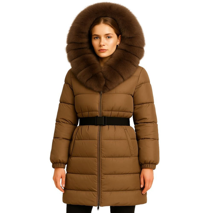 Doudoune Longue Femme Ceinturée à Capuche en Fourrure de Renard Véritable