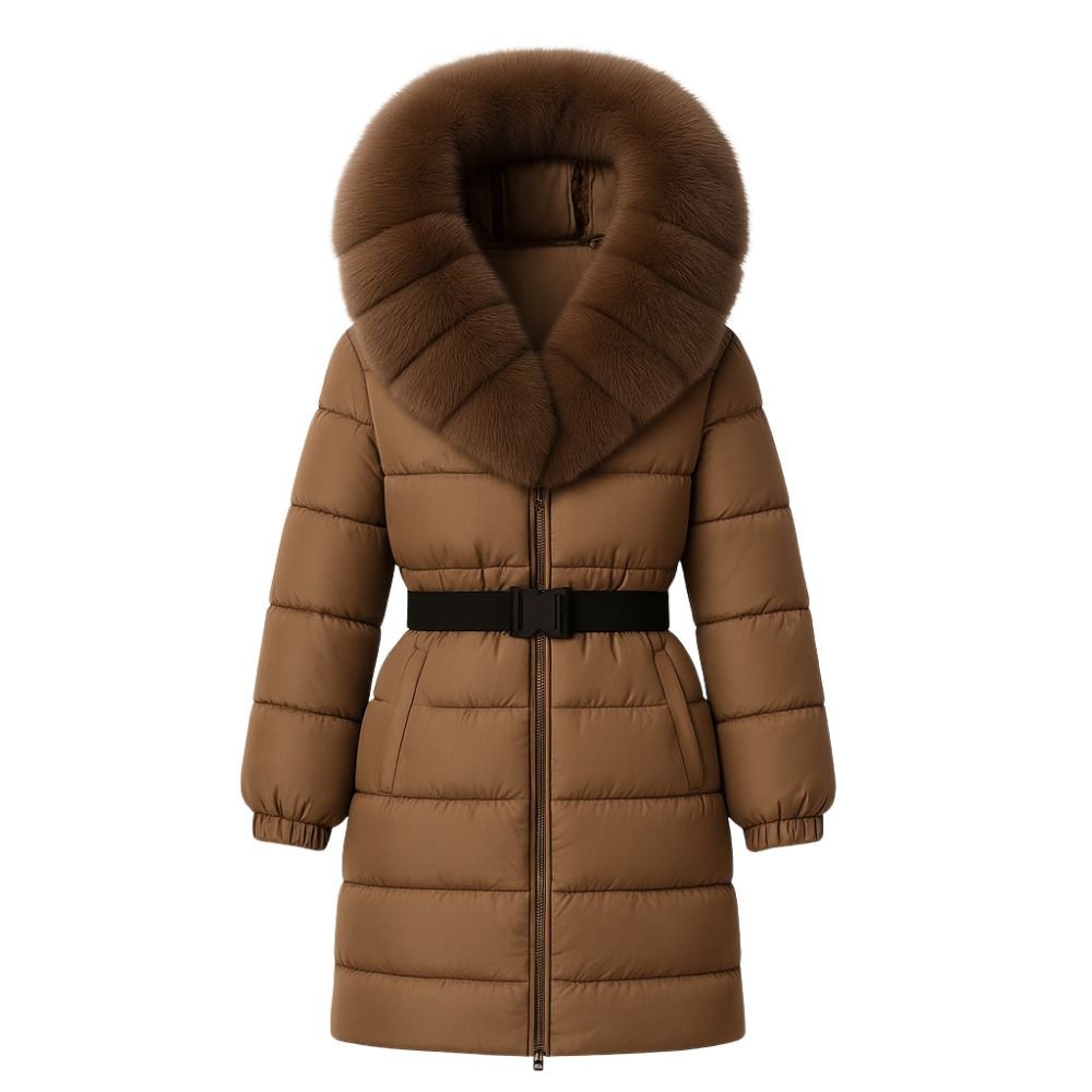 Doudoune Longue Femme Ceinturée à Capuche en Fourrure de Renard Véritable
