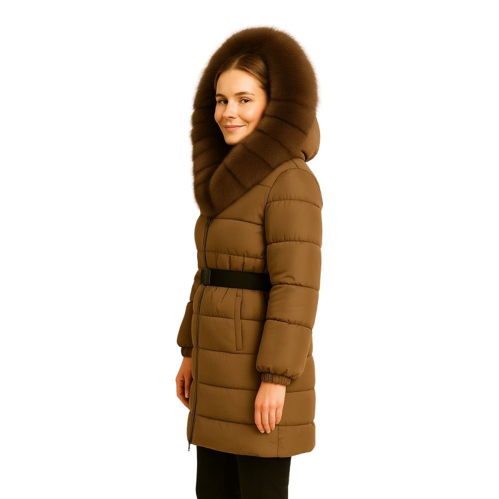Doudoune Longue Femme Ceinturée à Capuche en Fourrure de Renard Véritable