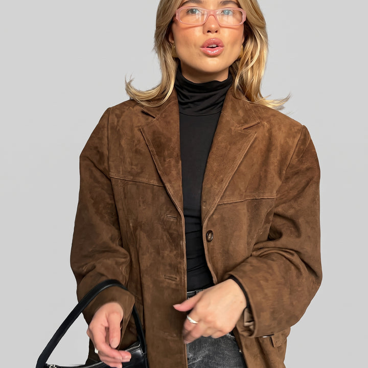 Blazer Oversize Femme en Suède Marron