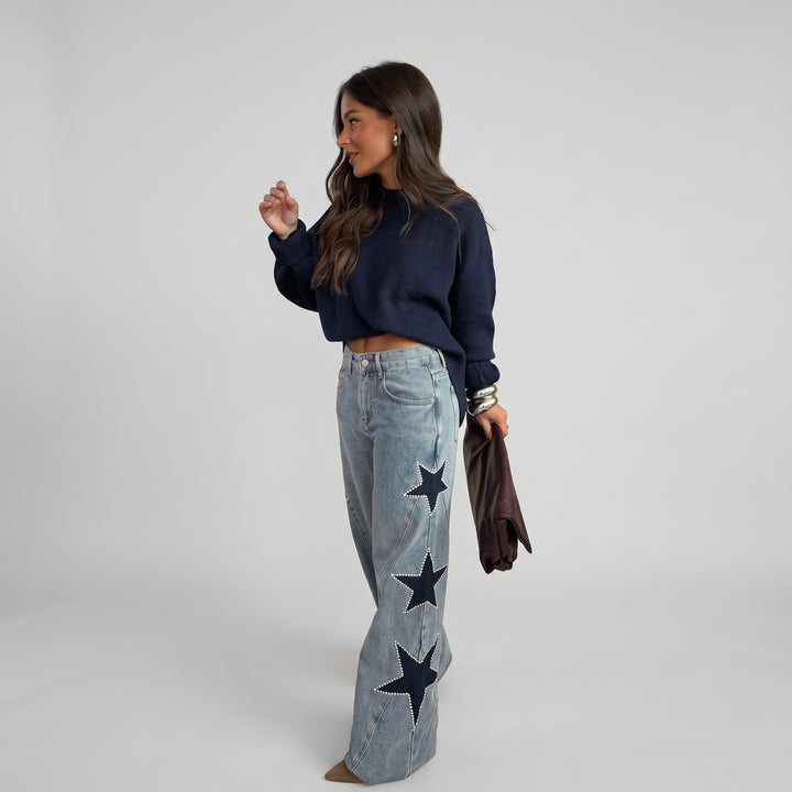 Jean Large en Denim avec Étoiles et Détails Cloutés