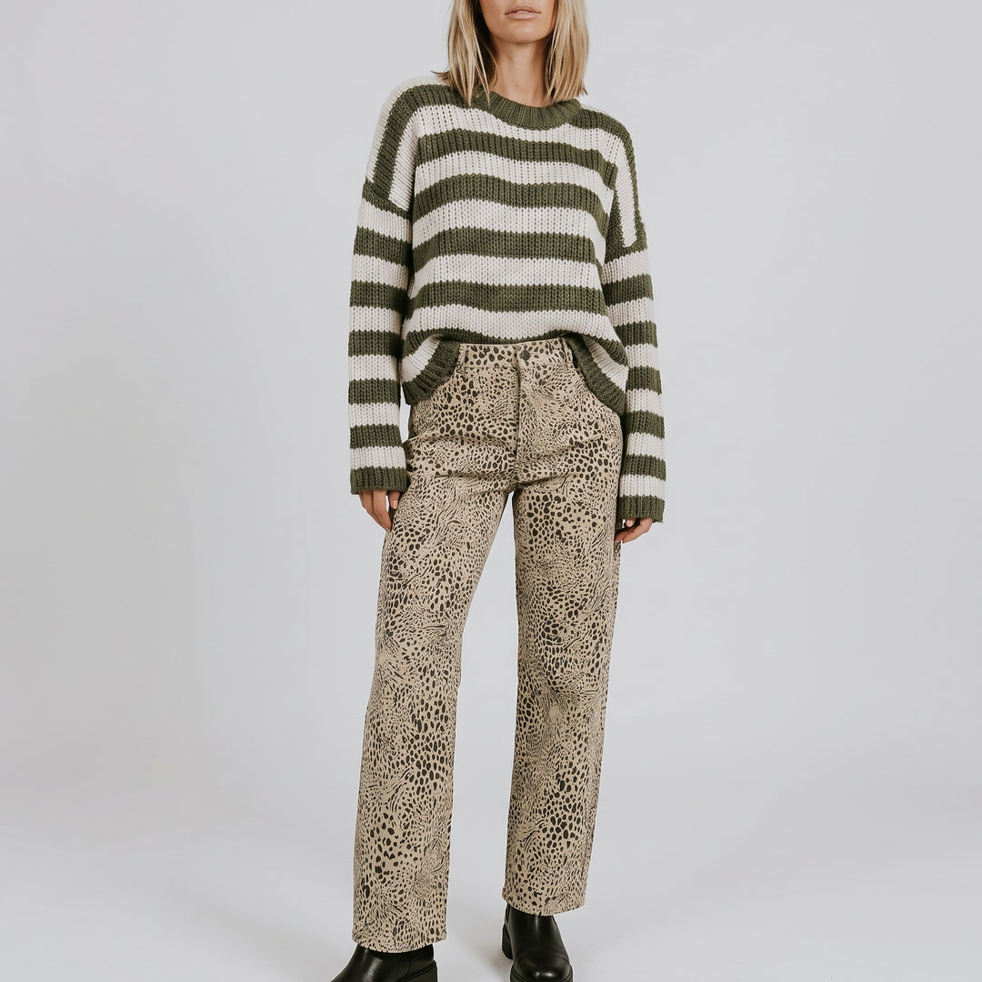 Jean Barrel en Velours Côtelé Femme – Taille Haute Imprimé Léopard