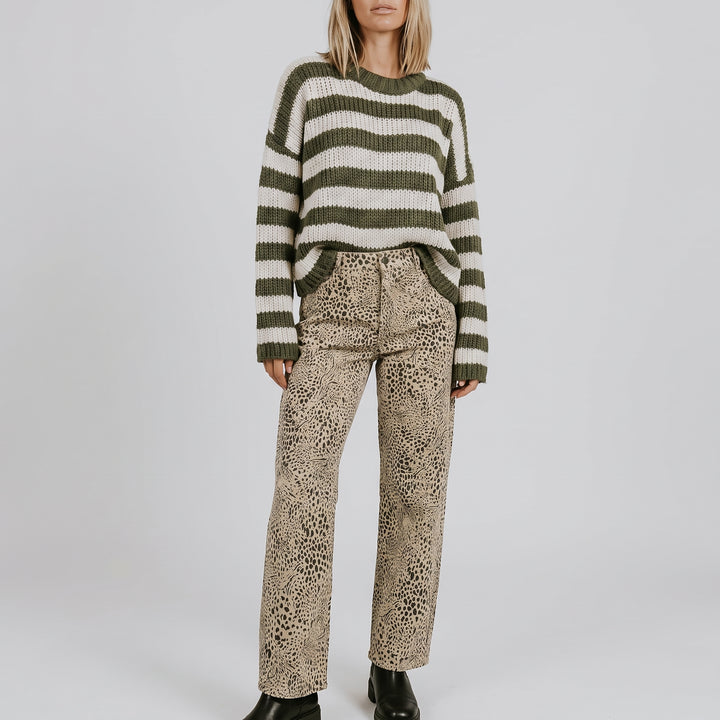Jean Barrel en Velours Côtelé Femme – Taille Haute Imprimé Léopard
