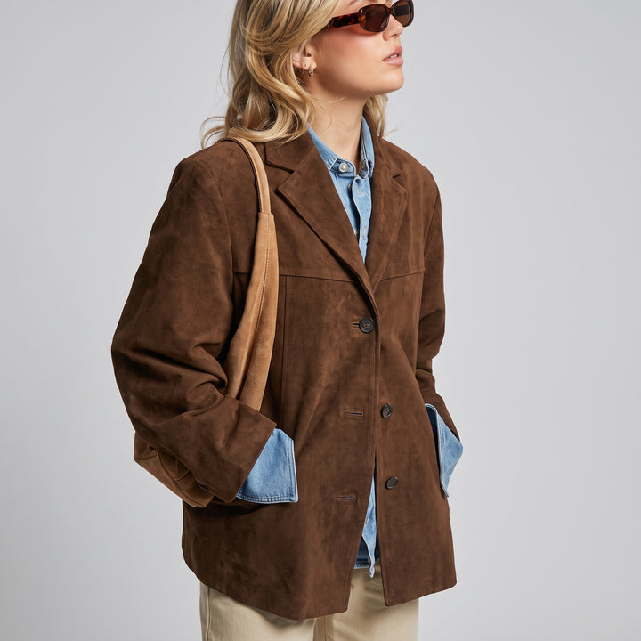 Blazer Oversize Femme en Suède Marron