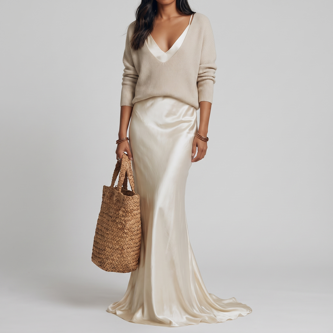 Ensemble composé d'une robe midi en satin et d'un pull en maille douce