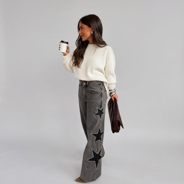 Jean Large en Denim avec Étoiles et Détails Cloutés