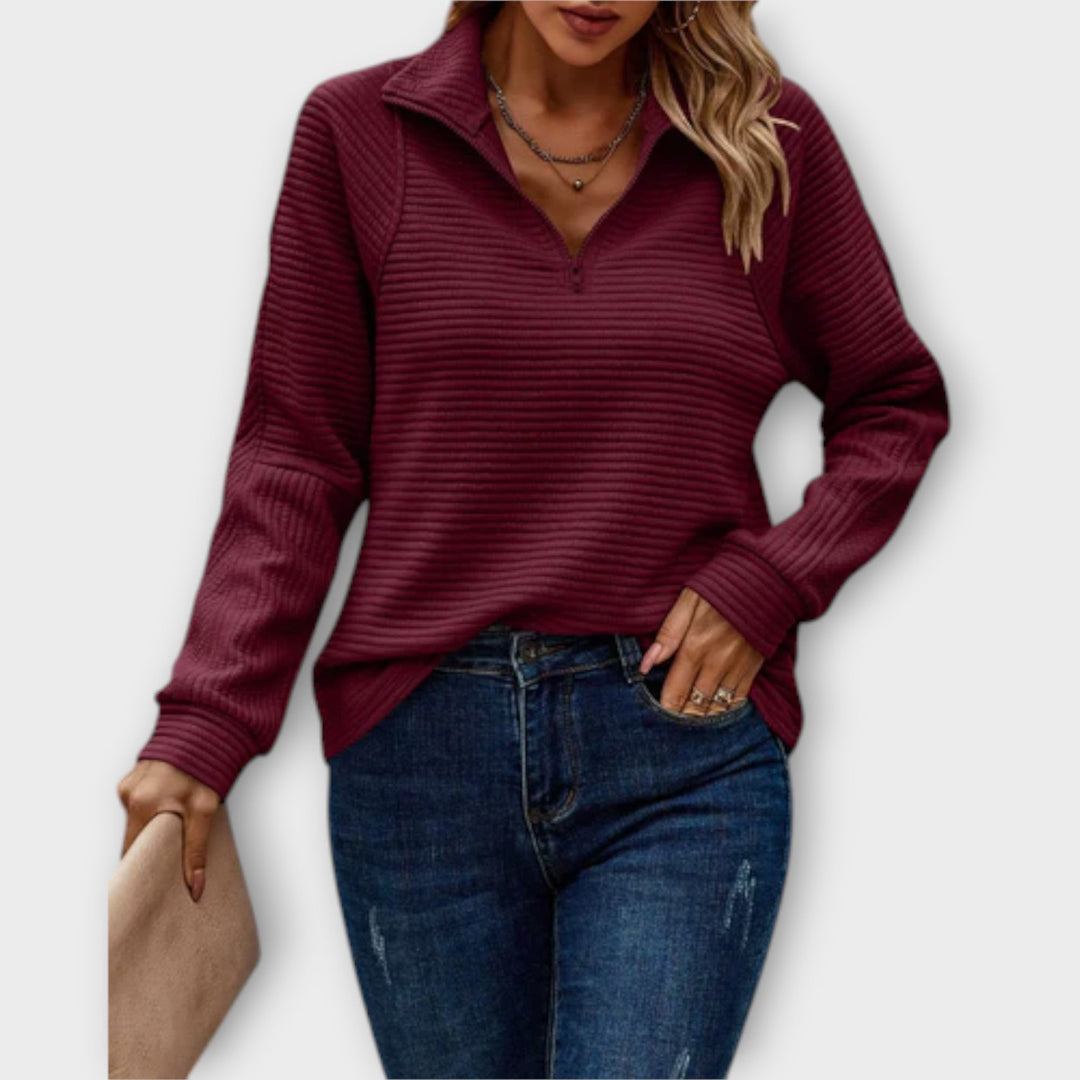 Pull Femme Rose Côtelé à Demi-Zip