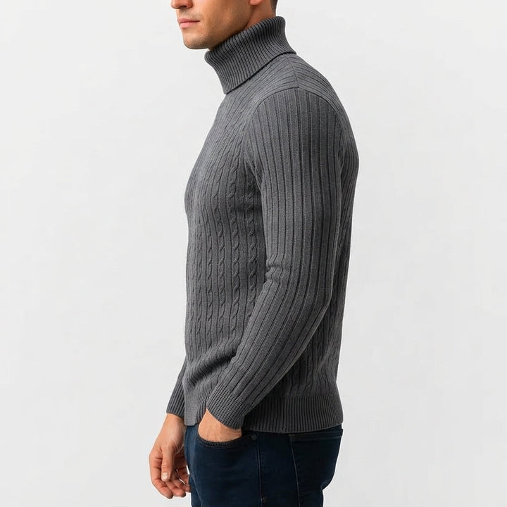 Pull Col Roulé Homme en Maille Torsadée avec Bordures Côtelées