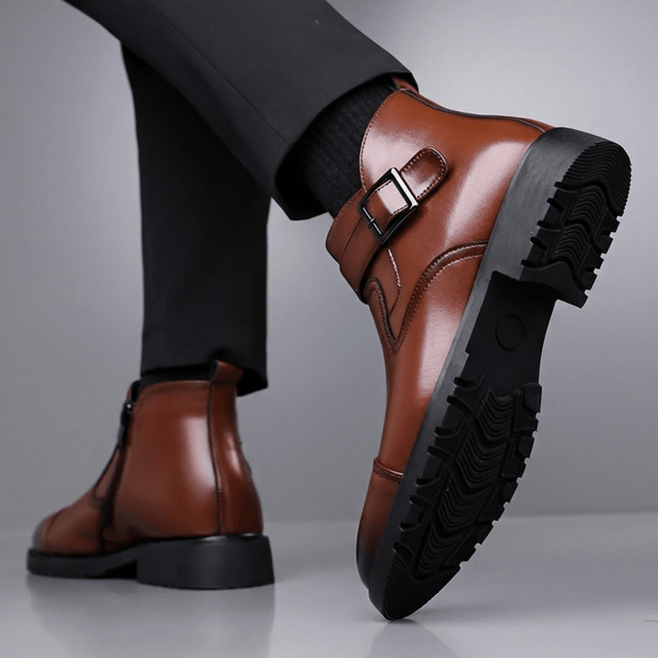 Men's Leather Boots with Buckle Strap and Lug Sole