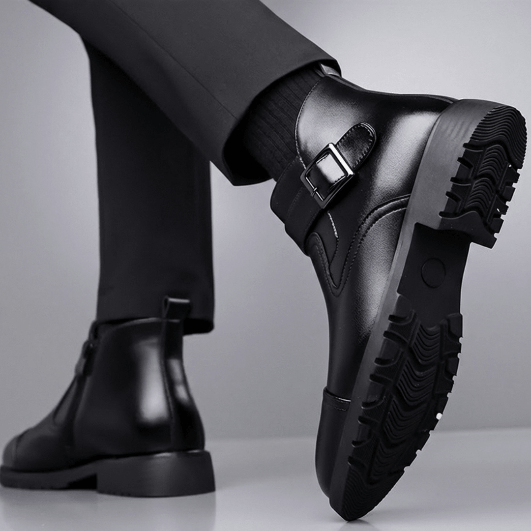 Men's Leather Boots with Buckle Strap and Lug Sole