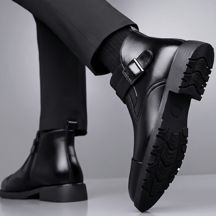 Men's Leather Boots with Buckle Strap and Lug Sole