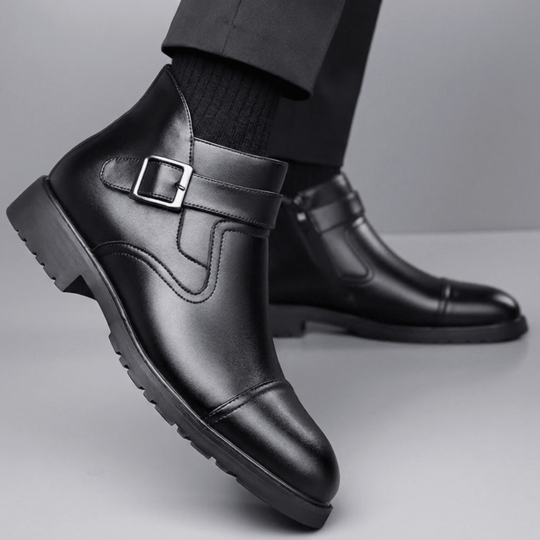 Men's Leather Boots with Buckle Strap and Lug Sole