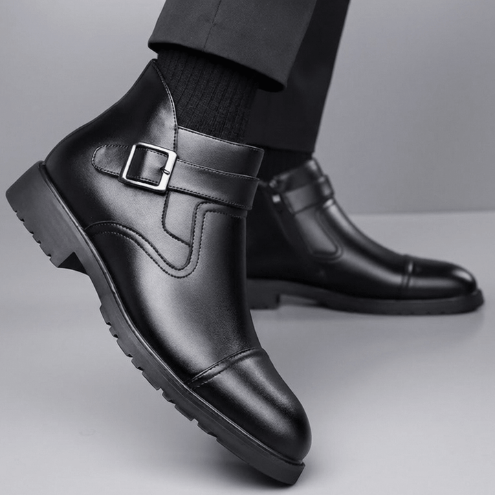 Men's Leather Boots with Buckle Strap and Lug Sole