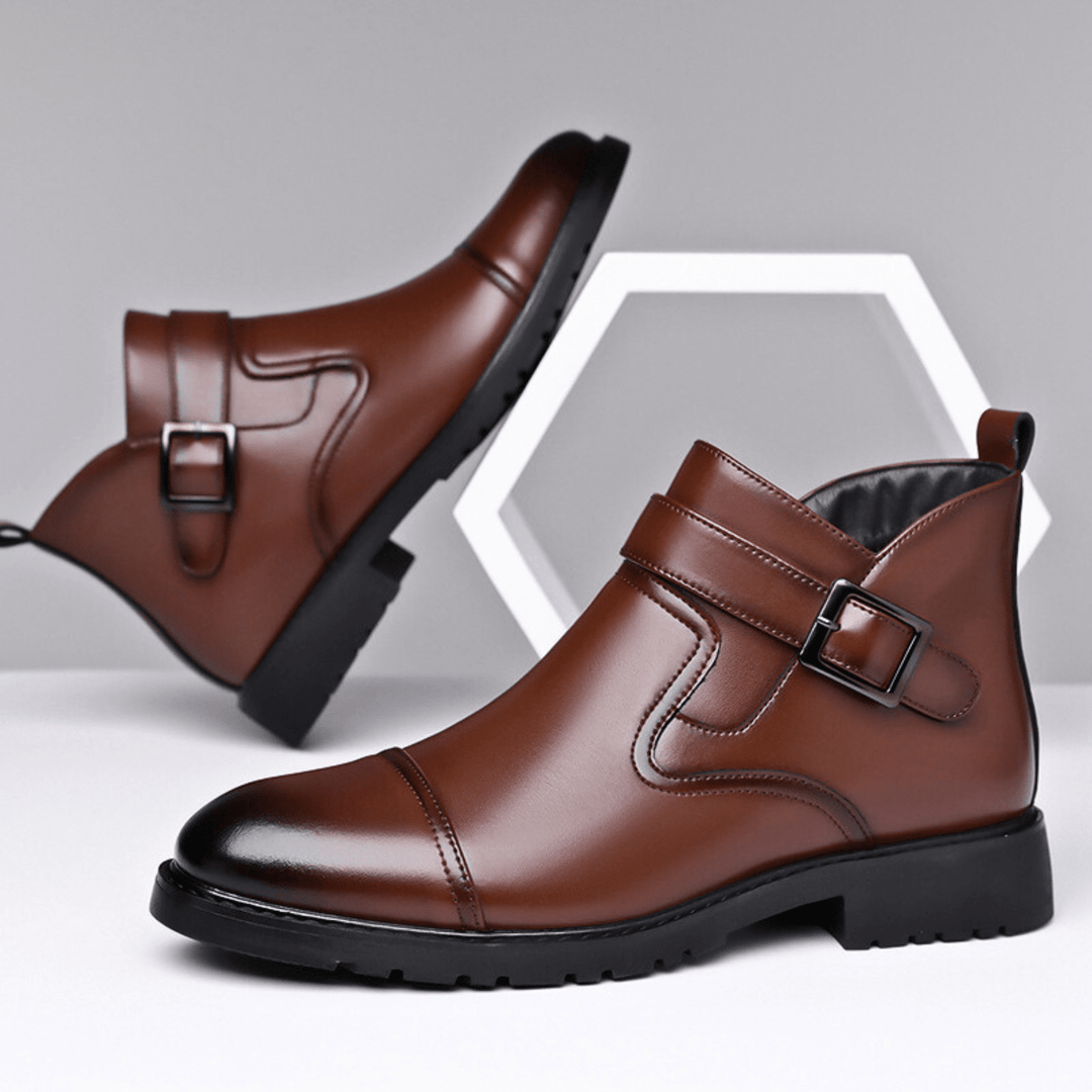 Men's Leather Boots with Buckle Strap and Lug Sole