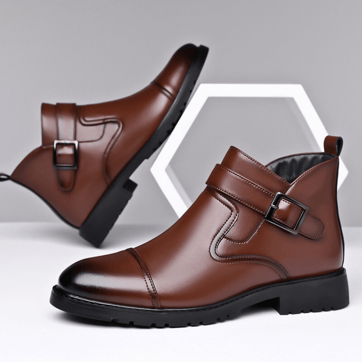 Men's Leather Boots with Buckle Strap and Lug Sole