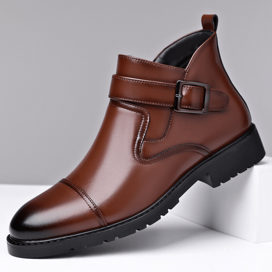Men's Leather Boots with Buckle Strap and Lug Sole