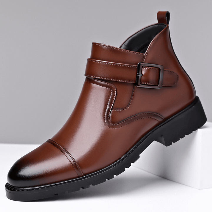 Men's Leather Boots with Buckle Strap and Lug Sole