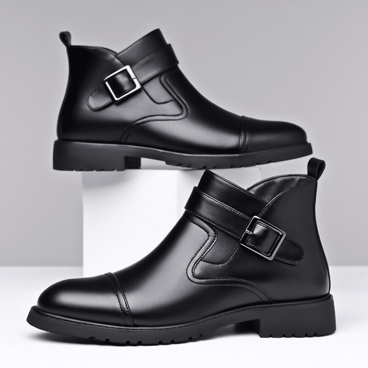 Men's Leather Boots with Buckle Strap and Lug Sole