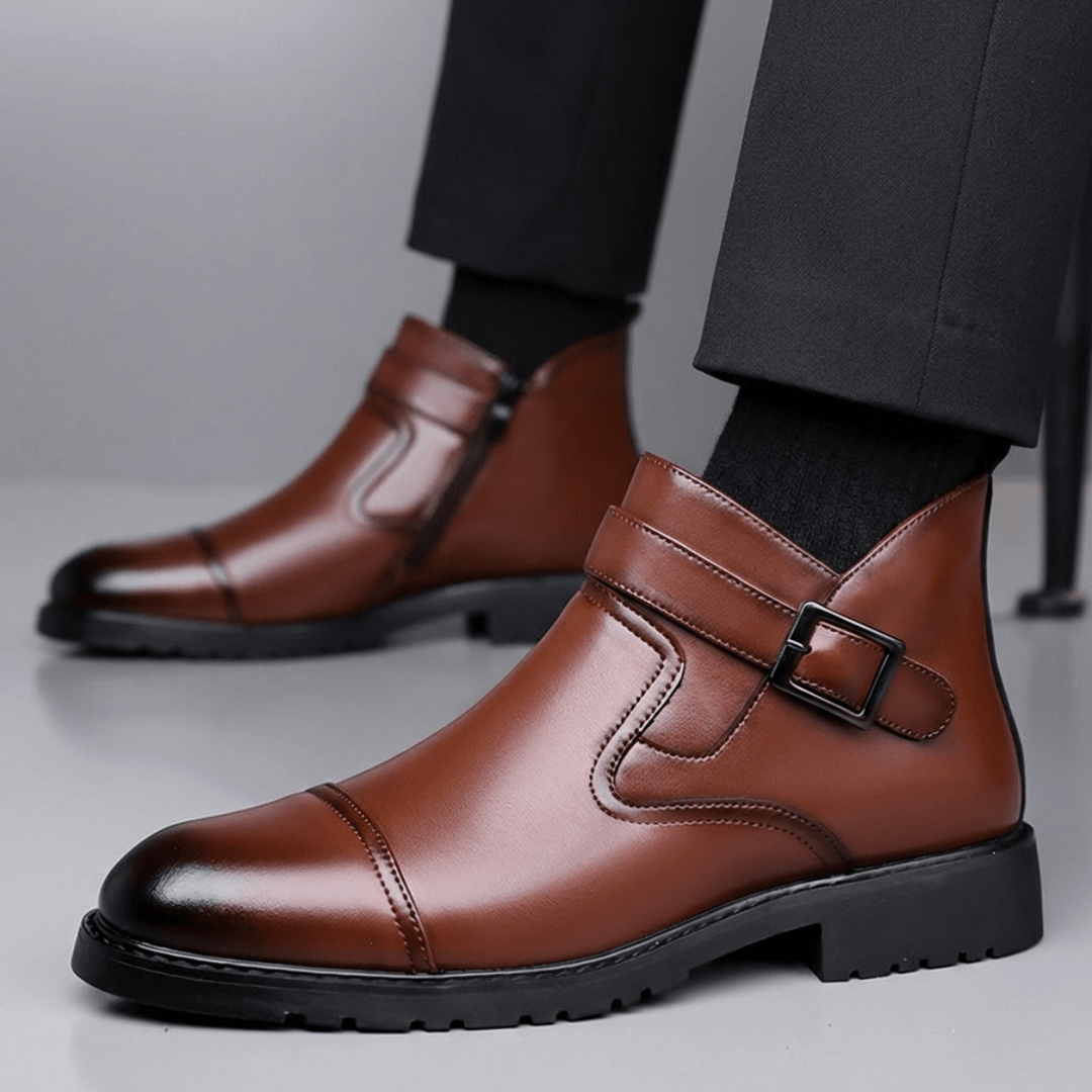 Men's Leather Boots with Buckle Strap and Lug Sole