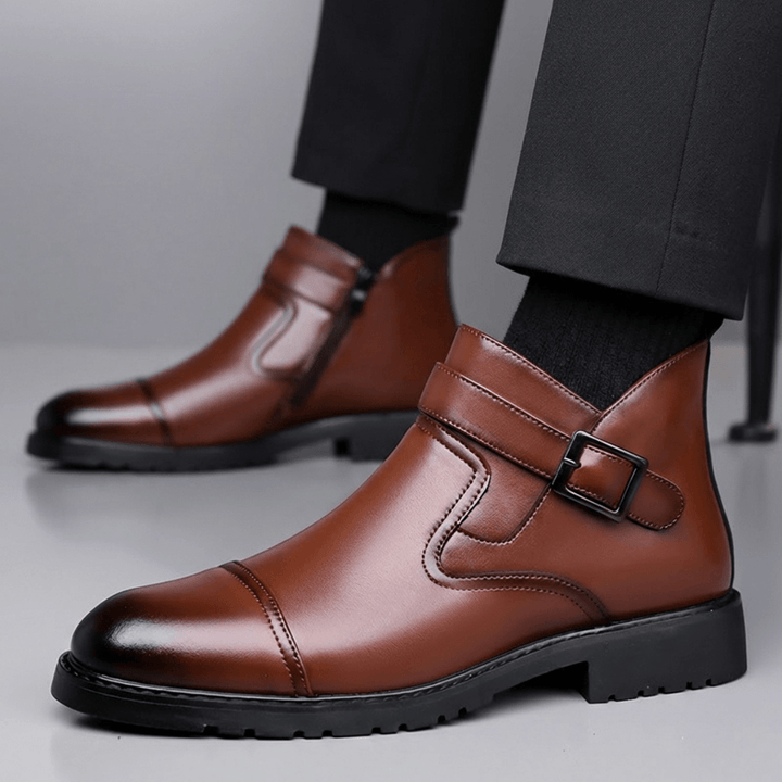 Men's Leather Boots with Buckle Strap and Lug Sole