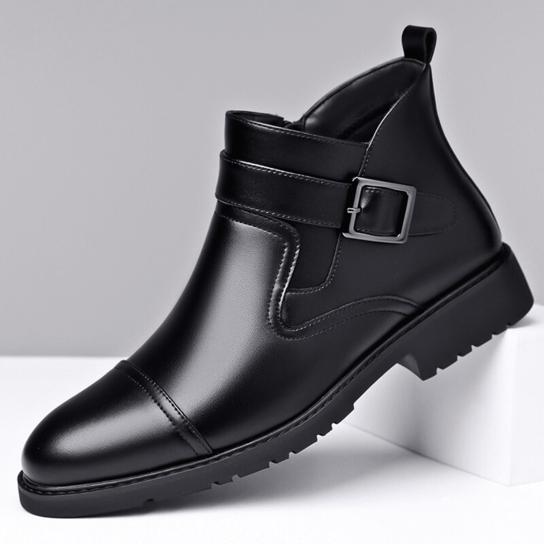 Men's Leather Boots with Buckle Strap and Lug Sole