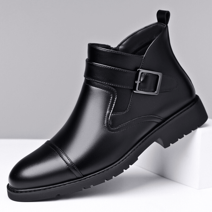 Men's Leather Boots with Buckle Strap and Lug Sole