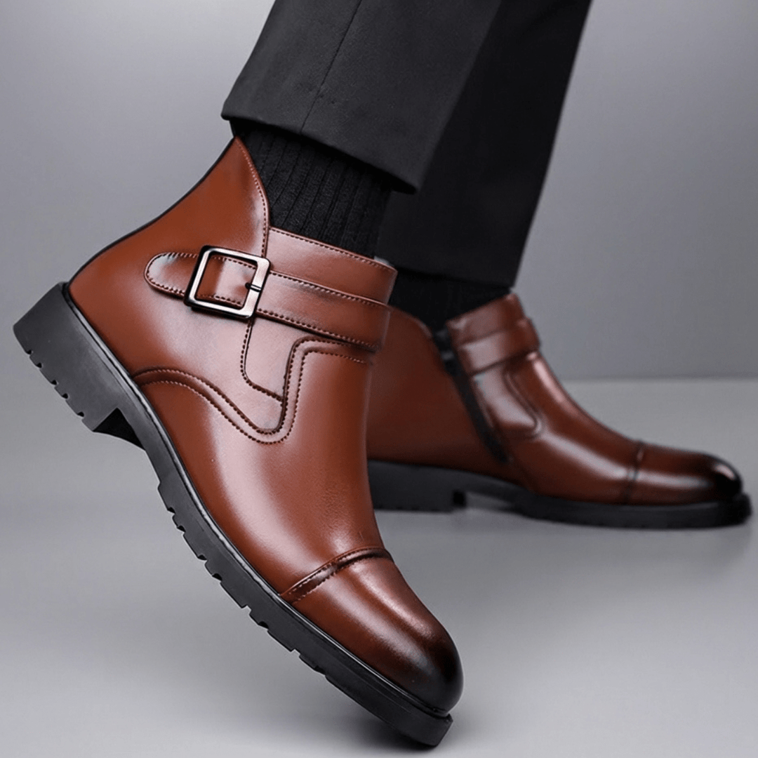 Men's Leather Boots with Buckle Strap and Lug Sole