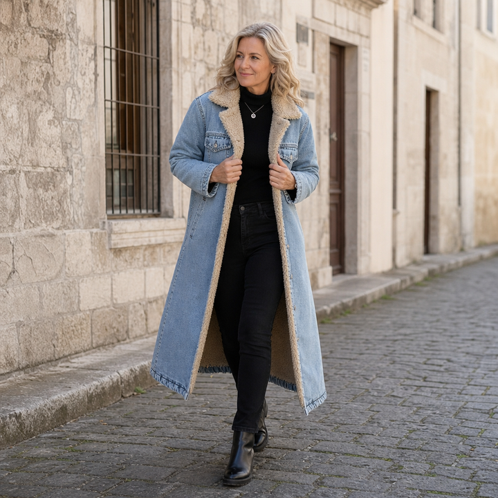 Cappotto lungo da donna in denim foderato in sherpa