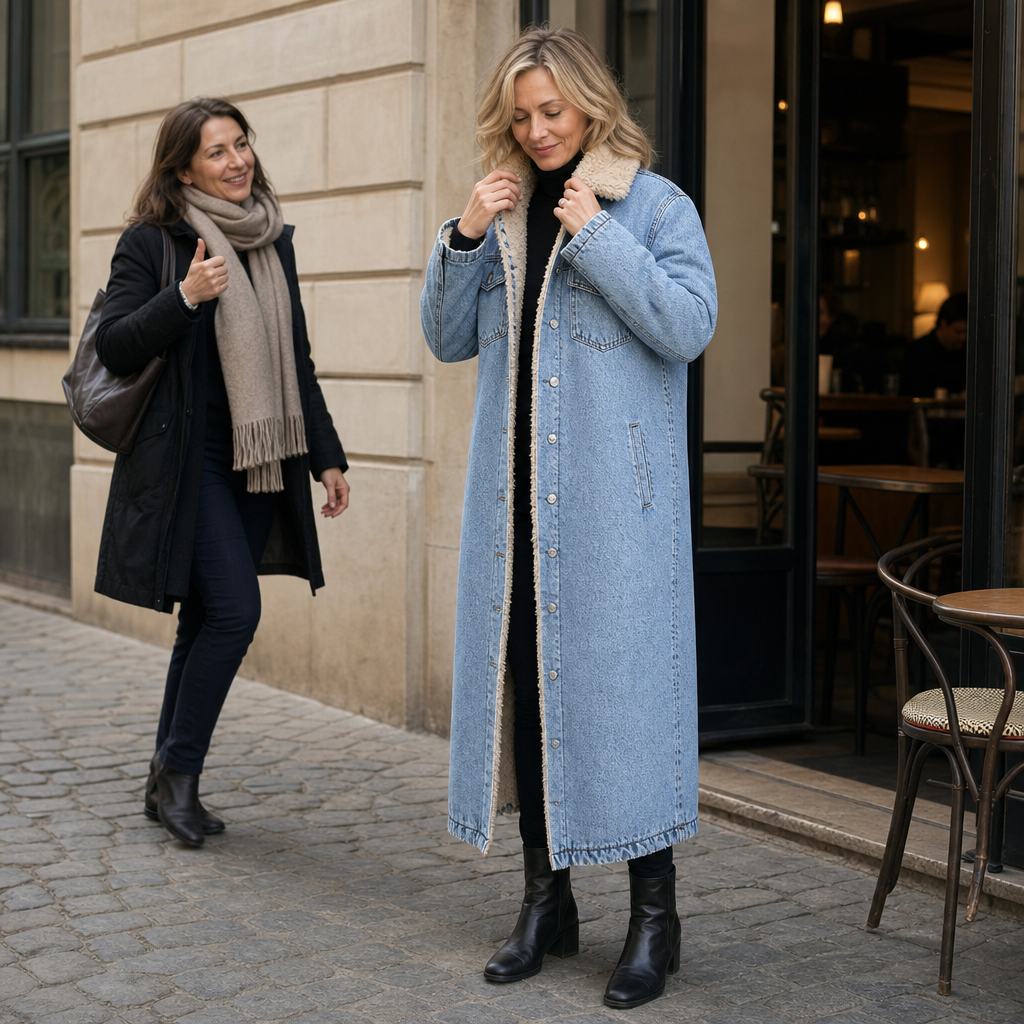 Cappotto lungo da donna in denim foderato in sherpa