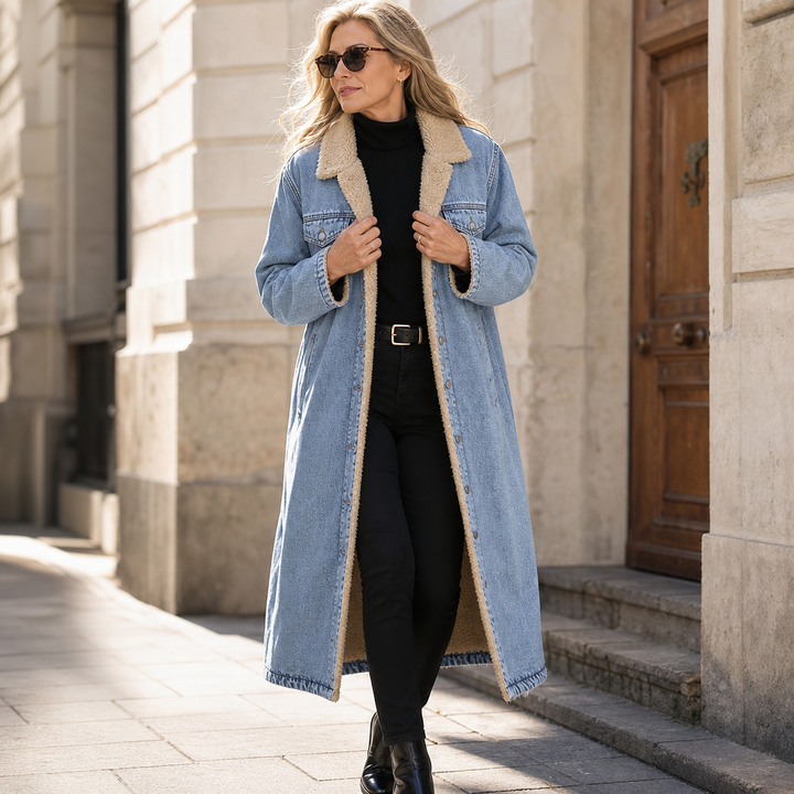 Cappotto lungo da donna in denim foderato in sherpa