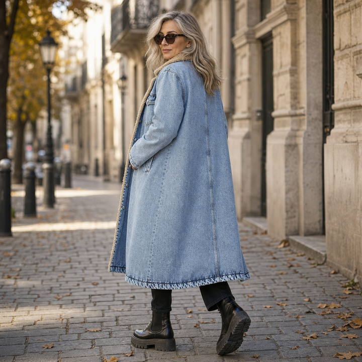 Cappotto lungo da donna in denim foderato in sherpa
