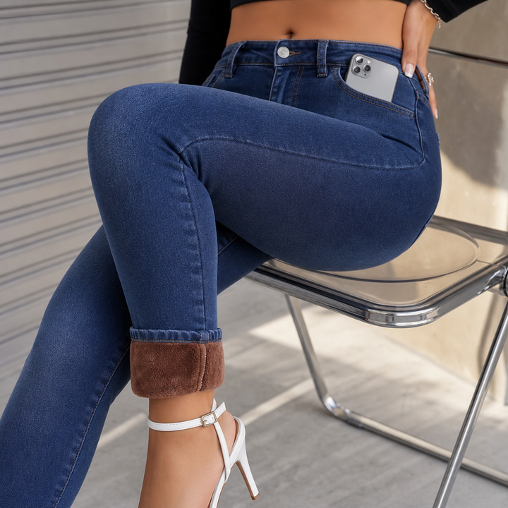 Jeans Femme Doublé Polaire Taille Haute Coupe Slim Extensible