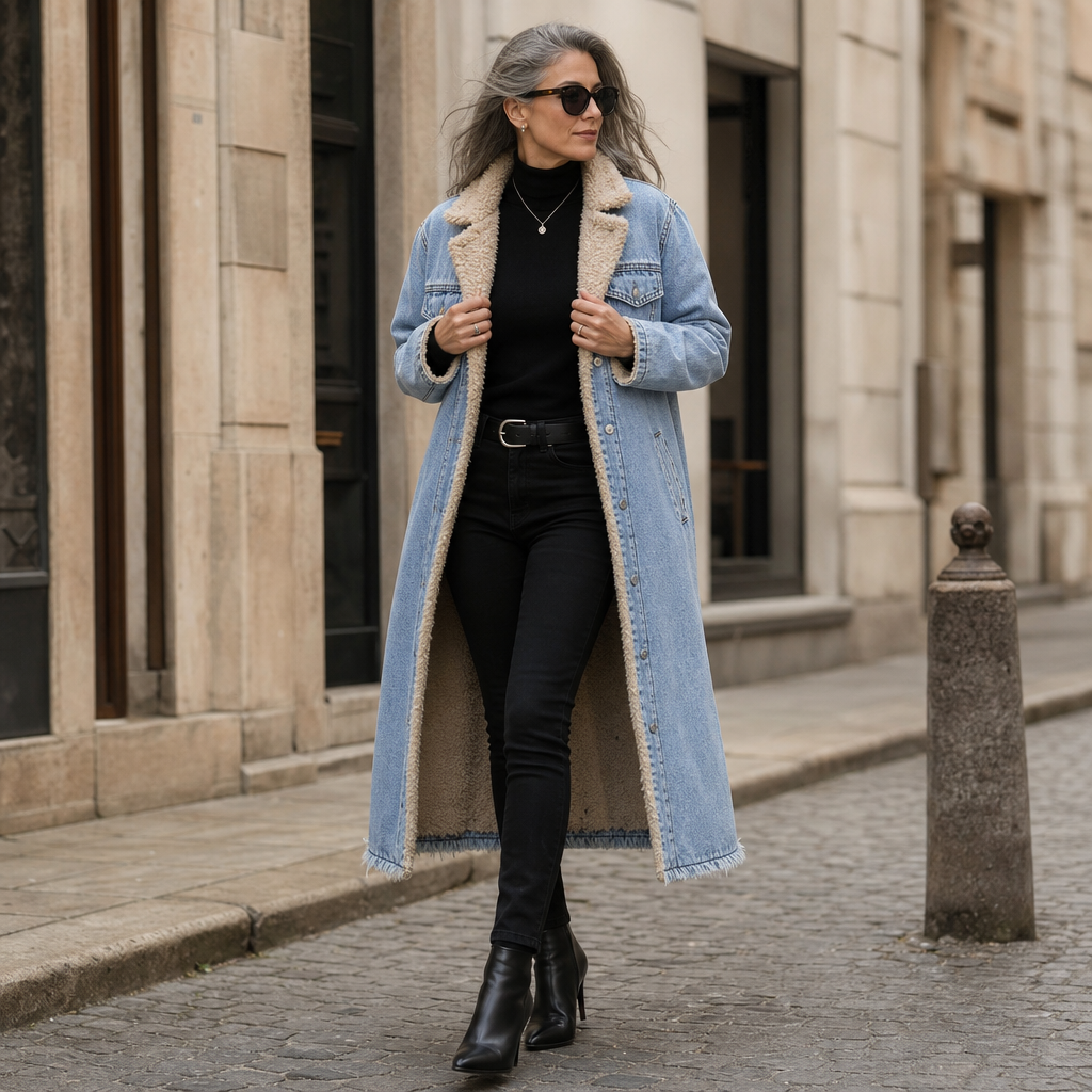 Cappotto lungo da donna in denim foderato in sherpa