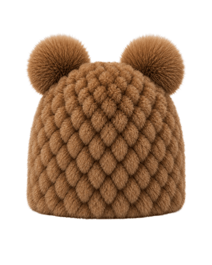 Bonnet de Ski Femme en Fourrure Synthétique Tricoté à Double Pompon