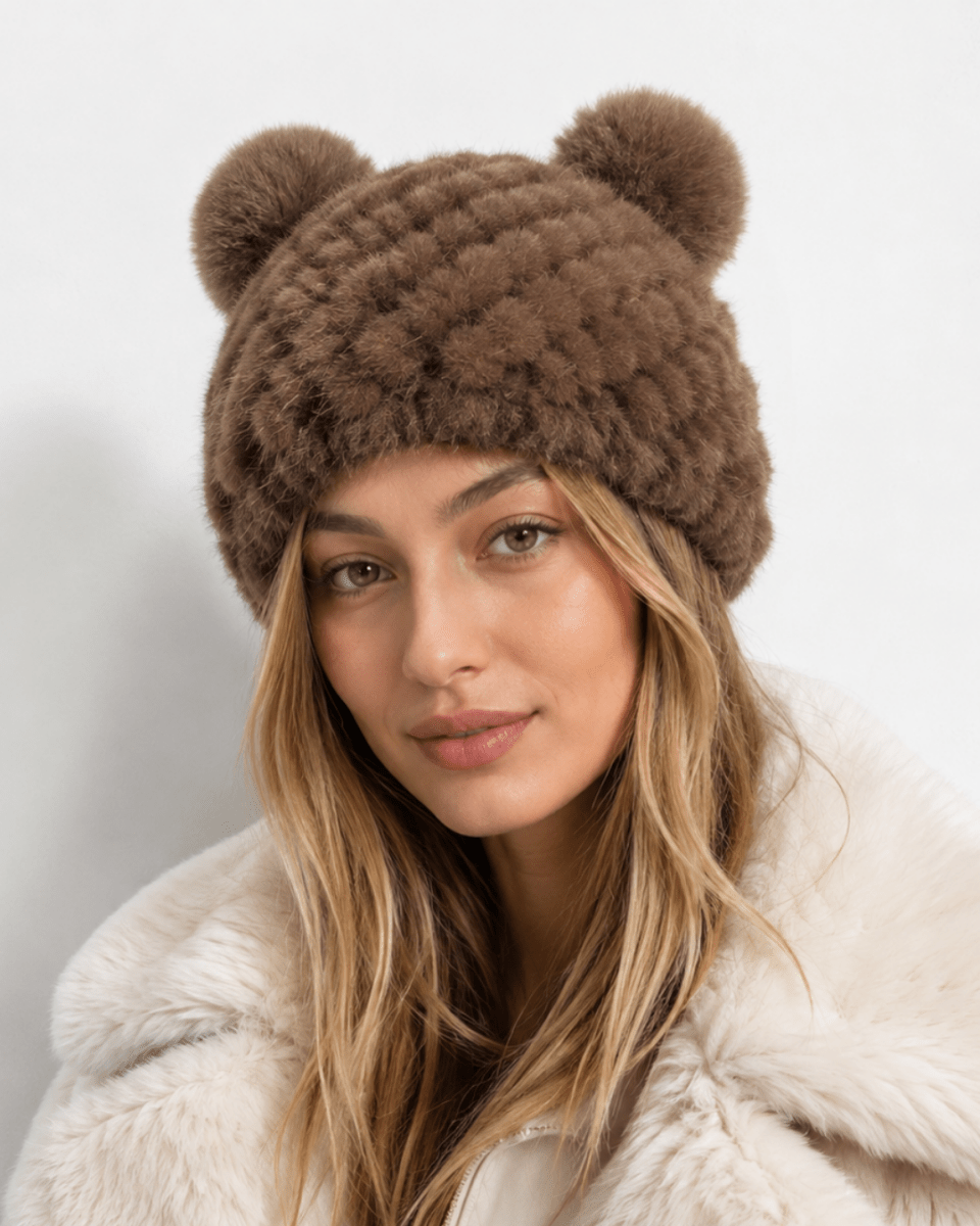 Bonnet de Ski Femme en Fourrure Synthétique Tricoté à Double Pompon