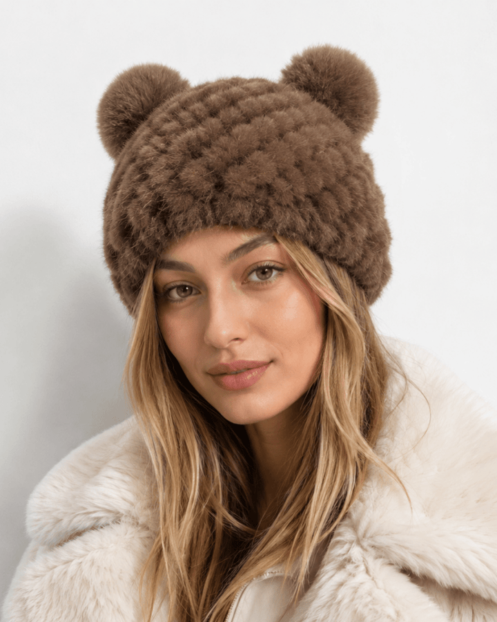 Bonnet de Ski Femme en Fourrure Synthétique Tricoté à Double Pompon