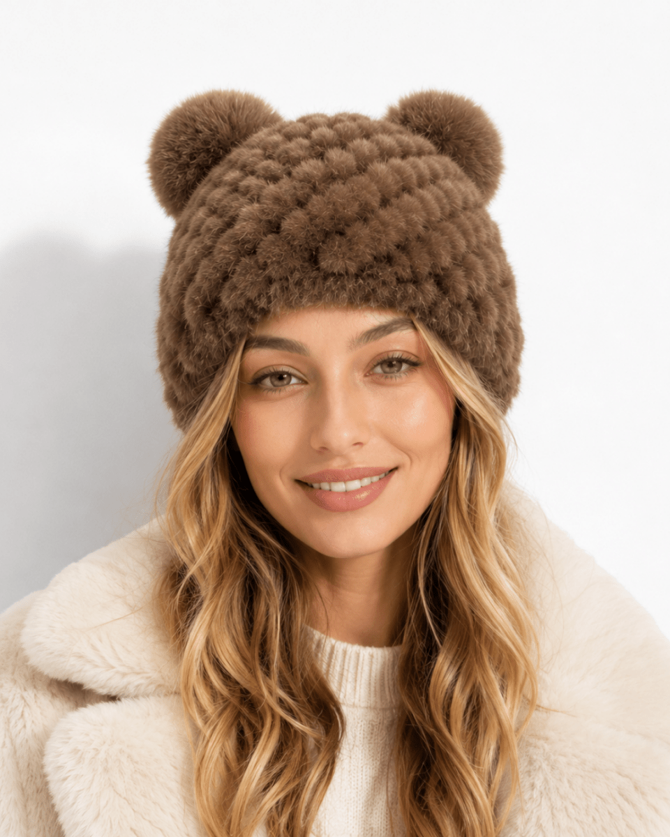 Bonnet de Ski Femme en Fourrure Synthétique Tricoté à Double Pompon