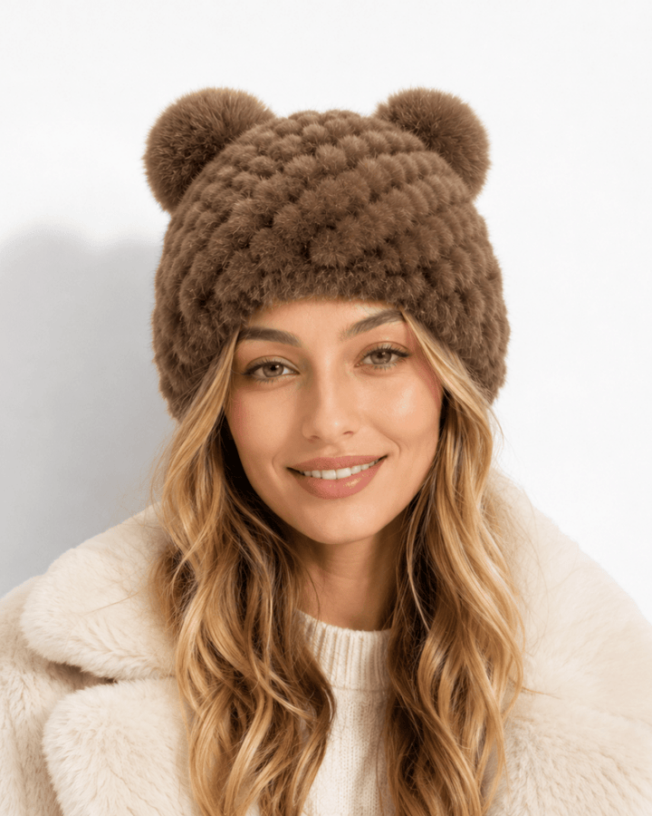 Bonnet de Ski Femme en Fourrure Synthétique Tricoté à Double Pompon