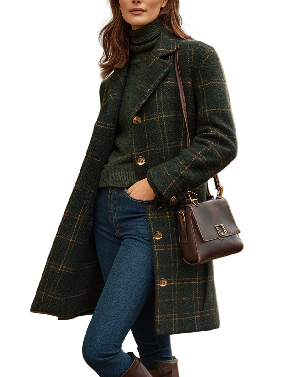 Manteau long pour femme à carreaux verts et boutons dorés, porté avec un pull à col roulé assorti, un jean ajusté bleu et un sac en cuir marron. Le style élégant et chaleureux est idéal pour l’hiver, parfait pour une allure chic et moderne en extérieur.