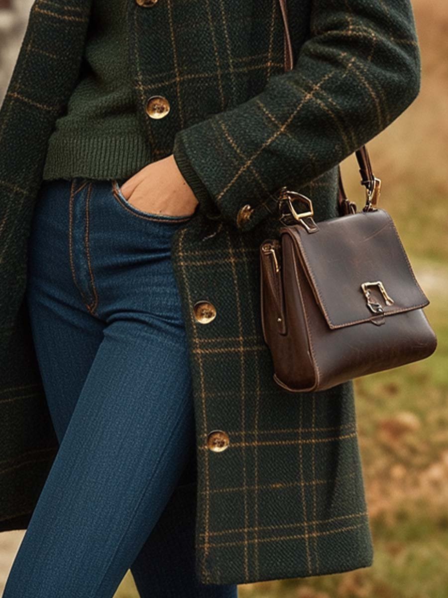 Manteau long pour femme à carreaux verts avec des boutons dorés, porté sur un pull chaud assorti et un jean bleu ajusté. Une élégante sacoche en cuir marron complète la tenue, idéale pour un style d’hiver chic et raffiné.
