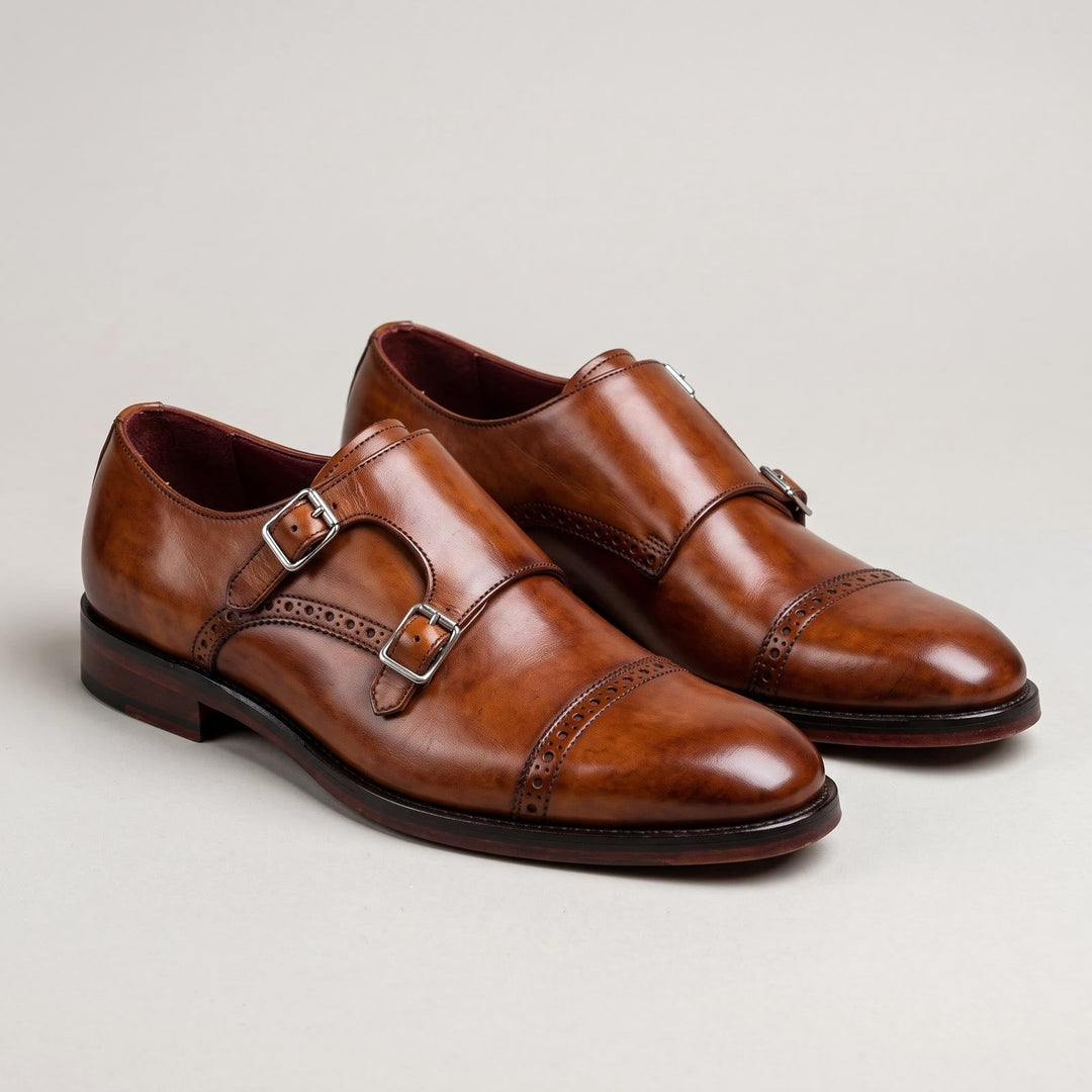 Men's double-buckle shoes in burnished leather with straight toe