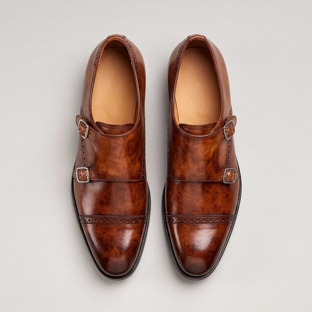Men's double-buckle shoes in burnished leather with straight toe